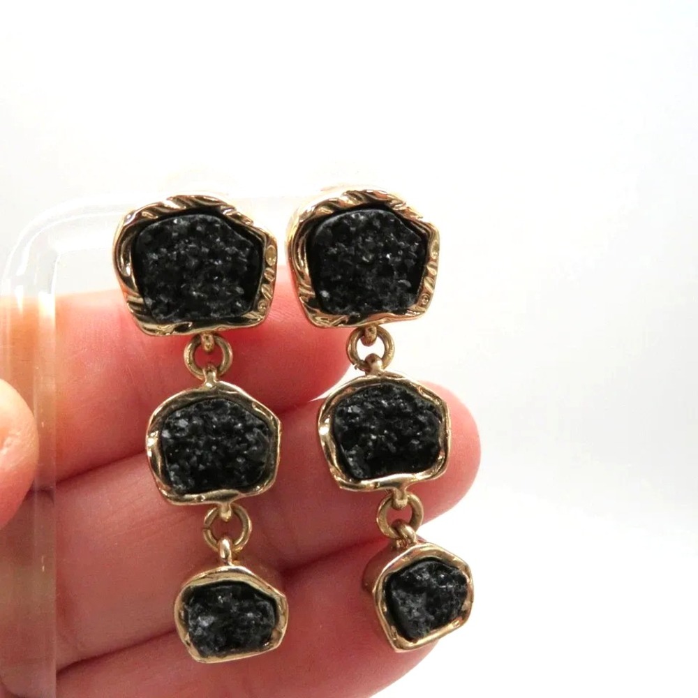 Sugarfix‎ BaubleBar Earrings Womens Gold Tone Black Druzy Dangle Drop Statement - Picture 3 of 9